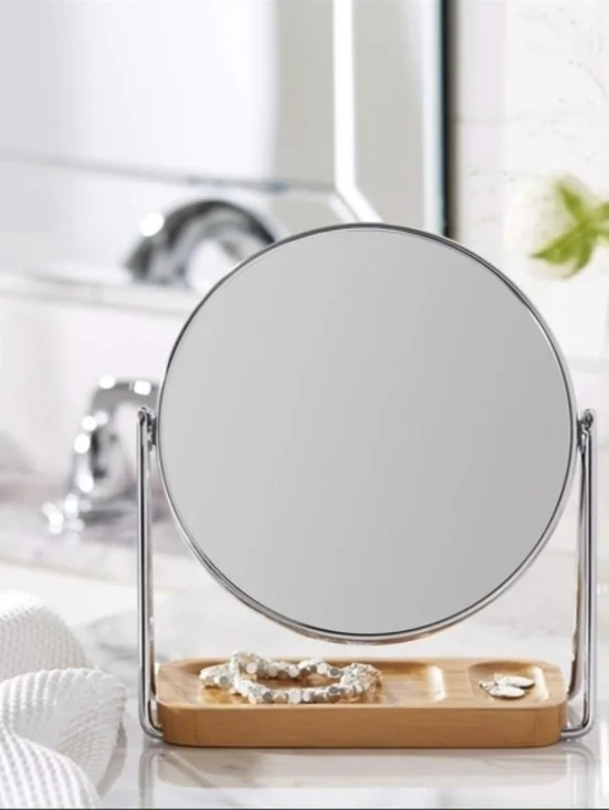 Chrome Rim Mirror with Bamboo Base - Sleek Silver and Natural Wood - Picture 2 of 10